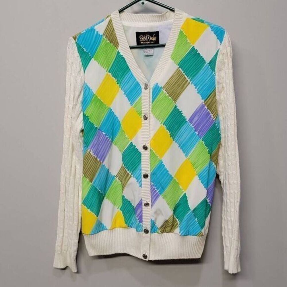 Bob Mackie Wearable Art Cardigan Jacket Small Multi Color Cable Knit Silk Unique